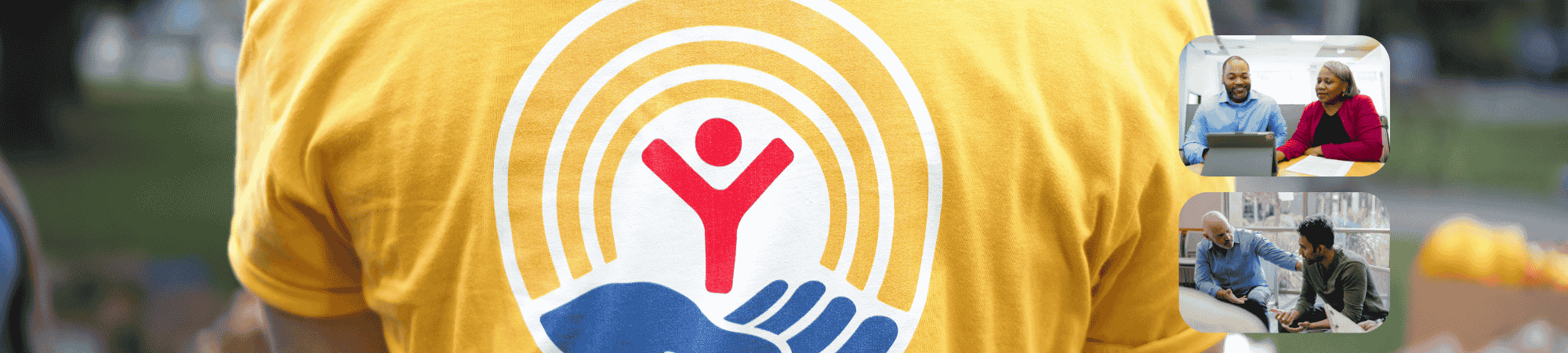 A person faces away from the camera--they are wearing a bright yellow shirt with the United Way Circle of Hope on the back. Two other photos show pairs of people at tables who look like they are solving problems together.