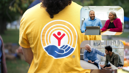 A person faces away from the camera--they are wearing a bright yellow shirt with the United Way Circle of Hope on the back. Two other photos show pairs of people at tables who look like they are solving problems together.