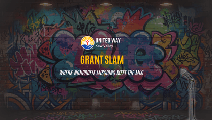 The United Way of Kaw Valley logo above the words Grant Slam in gold. The background is a wall painted to look like graffiti in shades of teal, magenta and other colors